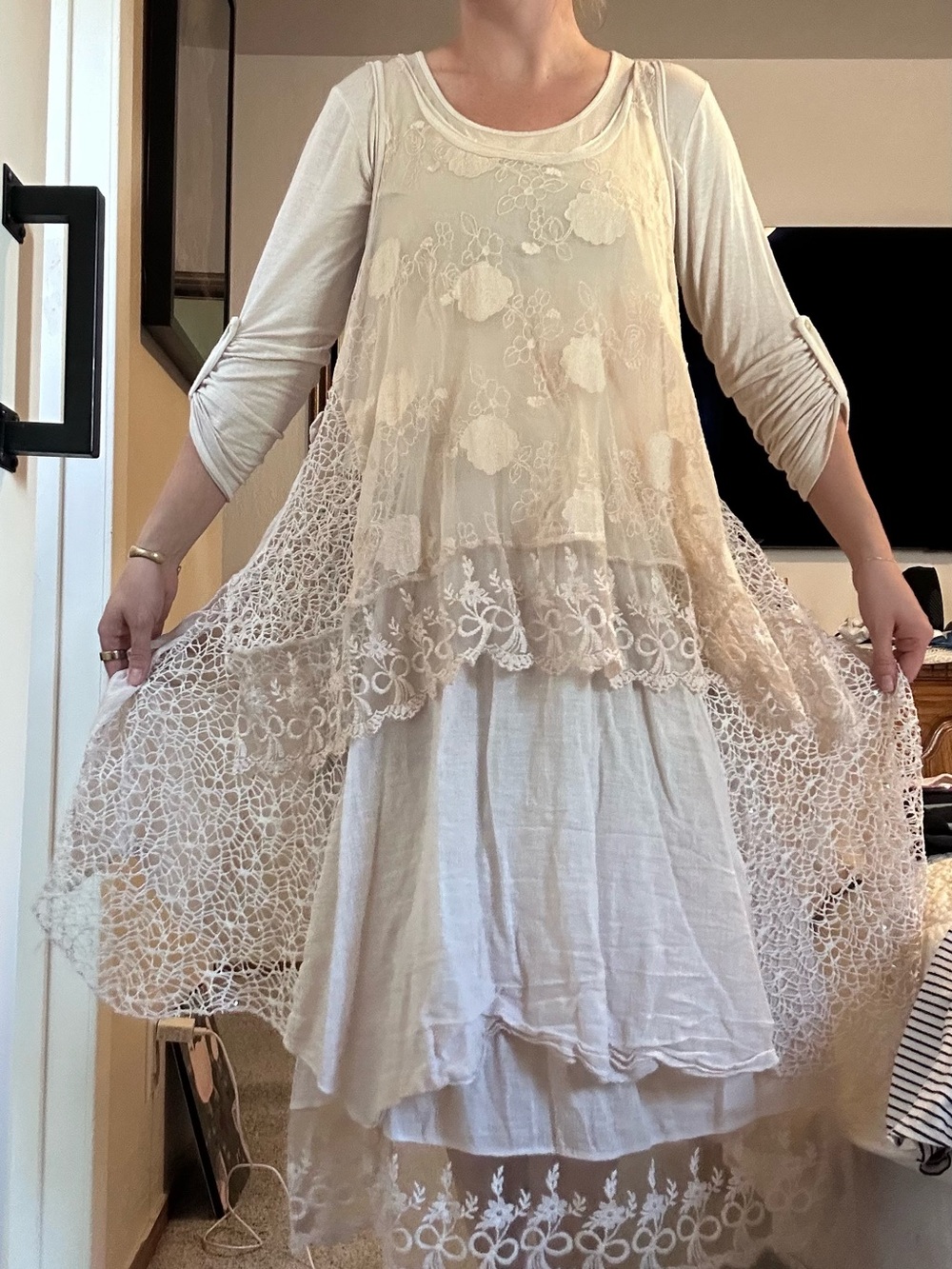 2 piece, Layered Lace & Linen Tunic Dress in pink, made in Italy